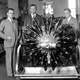 George Mead, Frederick Rentshler, Don Brown, and William Willgoos pictured with the 1000th Wasp engine. (Pratt & Whitney)